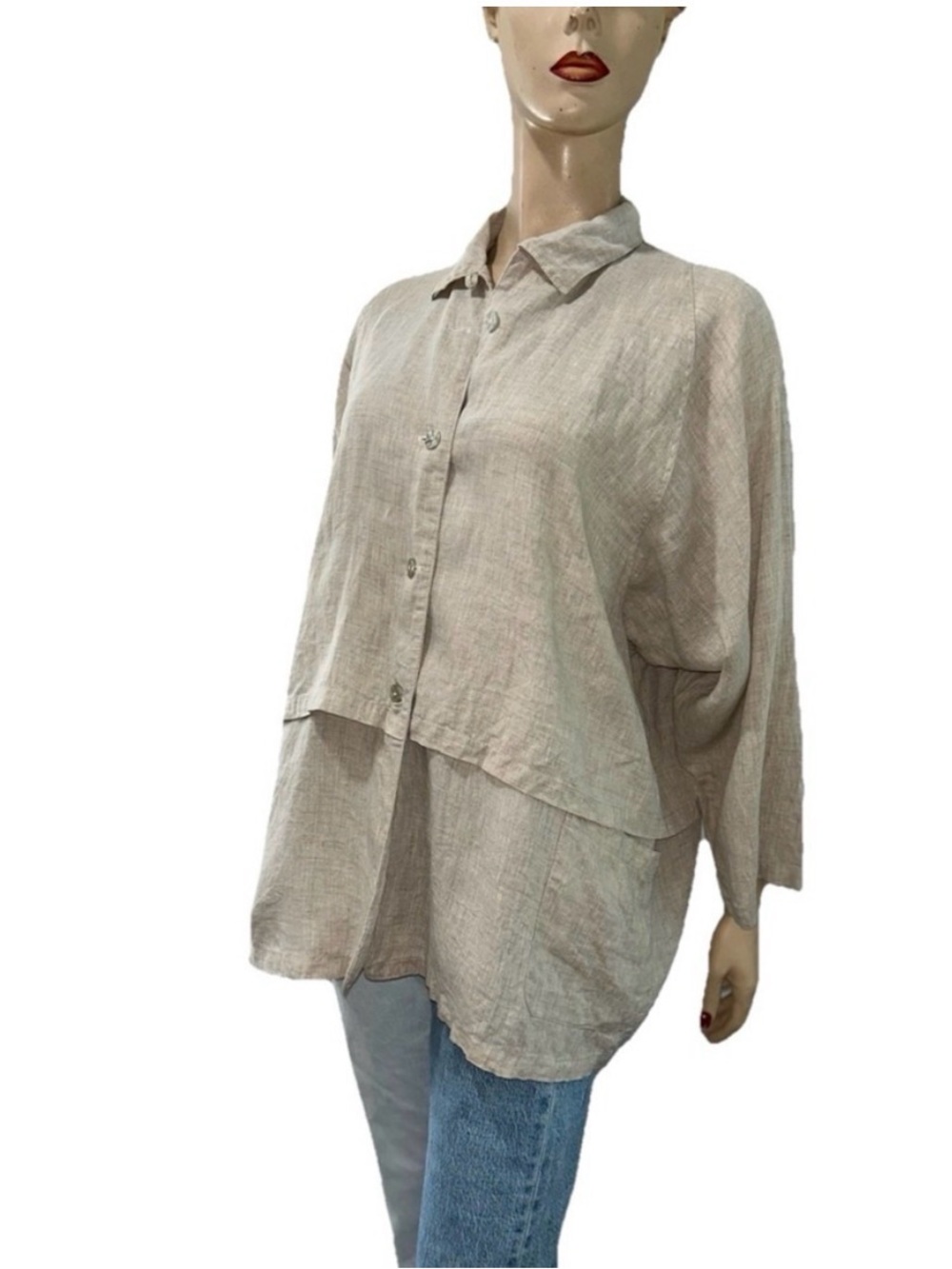 Relaxed Layered Button-Front Shirt in Light Beige